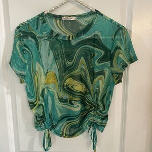 Heart &‎ Hips Green Marbled Large Mesh Top Short Sleeve Sheer Festival Coachella